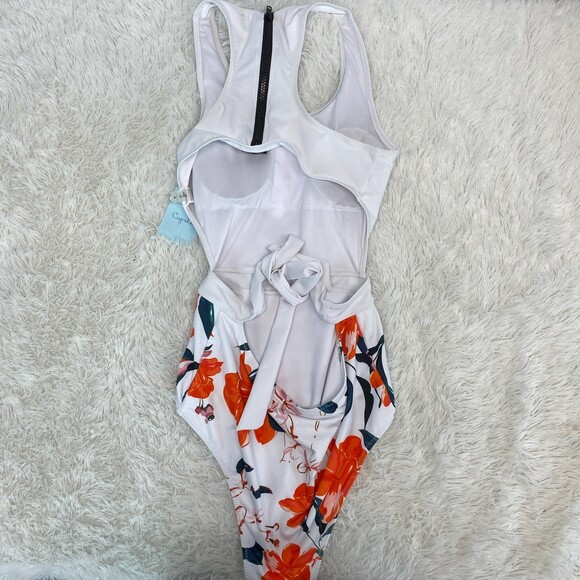Brand New Cupshe NWT White Orange Floral Back Zip One Piece Swimsuit Small - Picture 2 of 11